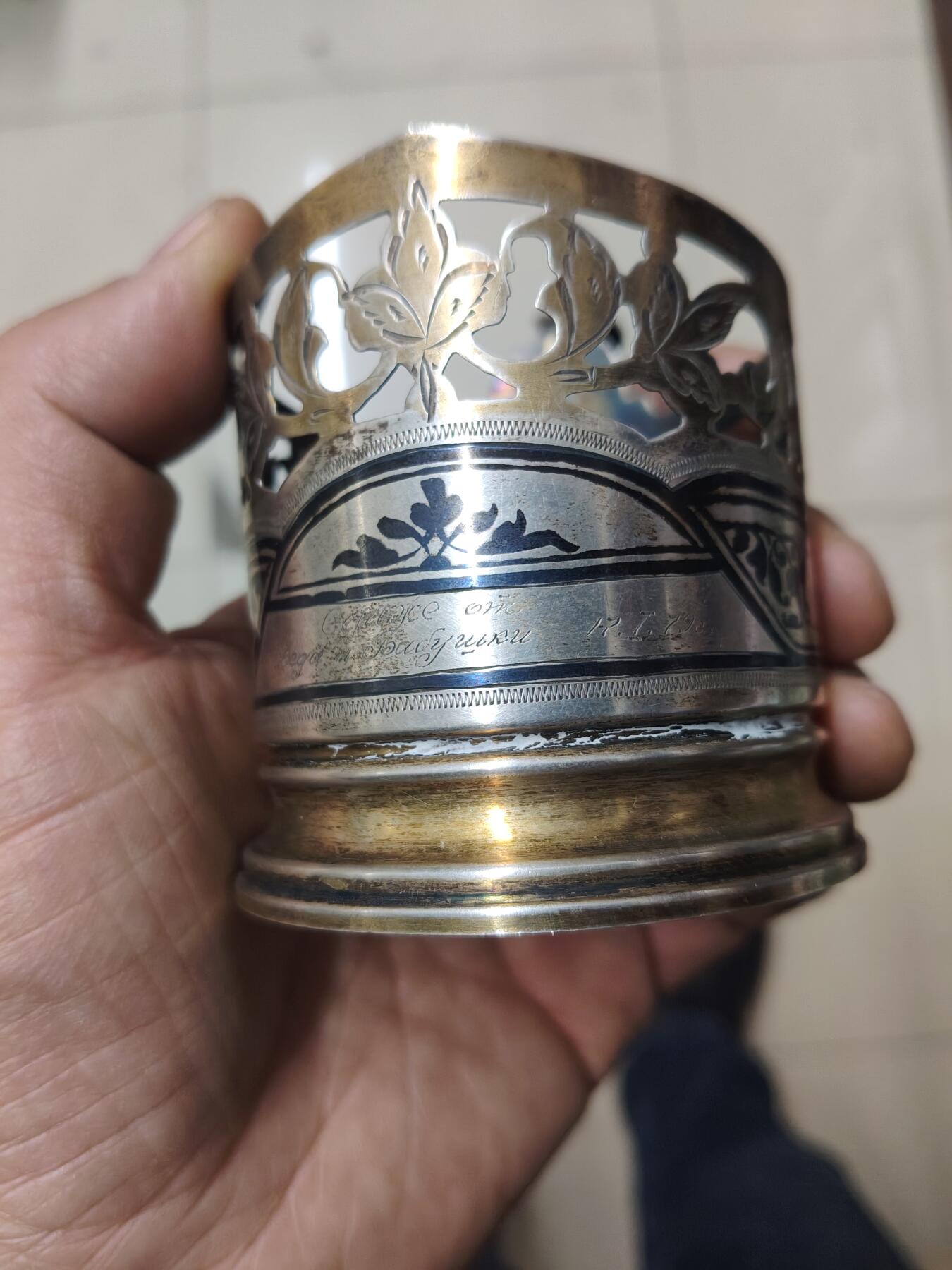 老银件 苏联乌银镶嵌老银制杯托2