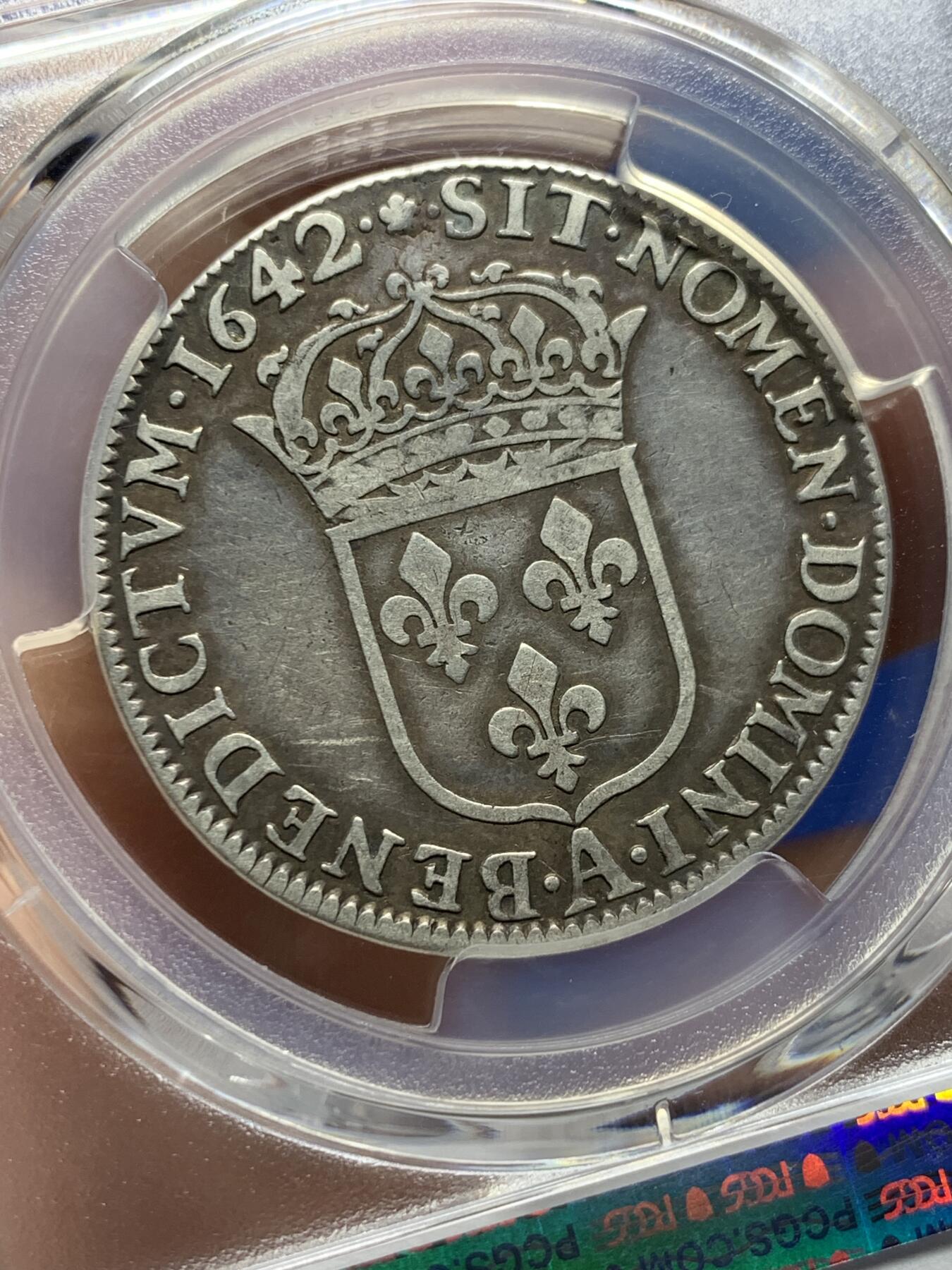 《竞宝斋》第444场 周日，周一，2场连拍 （全场包邮） PCGS VF20 法国 路易十三 1642年-A 1/2埃居银币 路易十三的银币价格要比其子路易十四昂贵得多 这枚克书价高 大珍品种