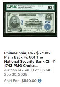 【Blue Auction】世界纸币精拍第758期——18级TOP拍卖/信誉/品质/专业/高效💫   【手签字迹清晰】美国 宾夕法尼亚州 1902年5美金 背面经典油画《Landing of the Pilgrims》（朝圣者登陆）设计精美 美国第23任美国总统本杰明·哈里森 大胡子雕刻佳 PMG63EPQ 全新原票（同fr.601同银行同分连号的一张今年拍了840美金）