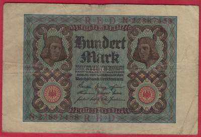 德国1920年100马克 P-69b 8位号码 尾8 加盖字母X 实物图 八五品 - 德国1920年100马克 P-69b 8位号码 尾8 加盖字母X 实物图 八五品