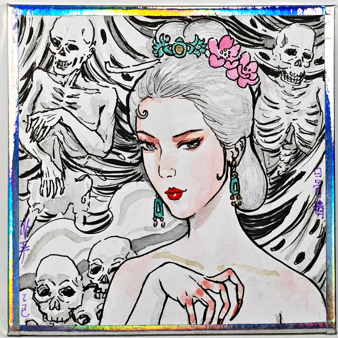 白泽拍卖卡牌手绘专场第29期（忽有故人心上过，回首山河已是秋） 2025 非严手绘色纸 白骨精 尺寸：10cm*10cm  非严签绘 一念成佛一念成魔
