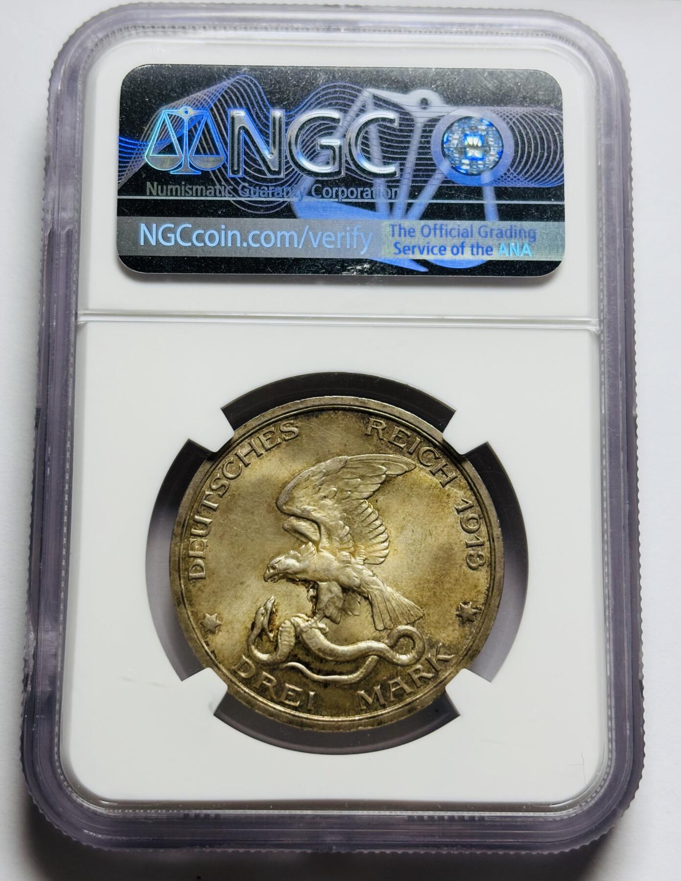 文馨钱币收藏第 283 场，【大雪鉴珍，寒英缀金】金银纪念币精品场，诚邀您的参与【长期接代拍品】  1913年德国普鲁士战胜拿破仑3马克纪念银币，NGC 评级 MS64 分