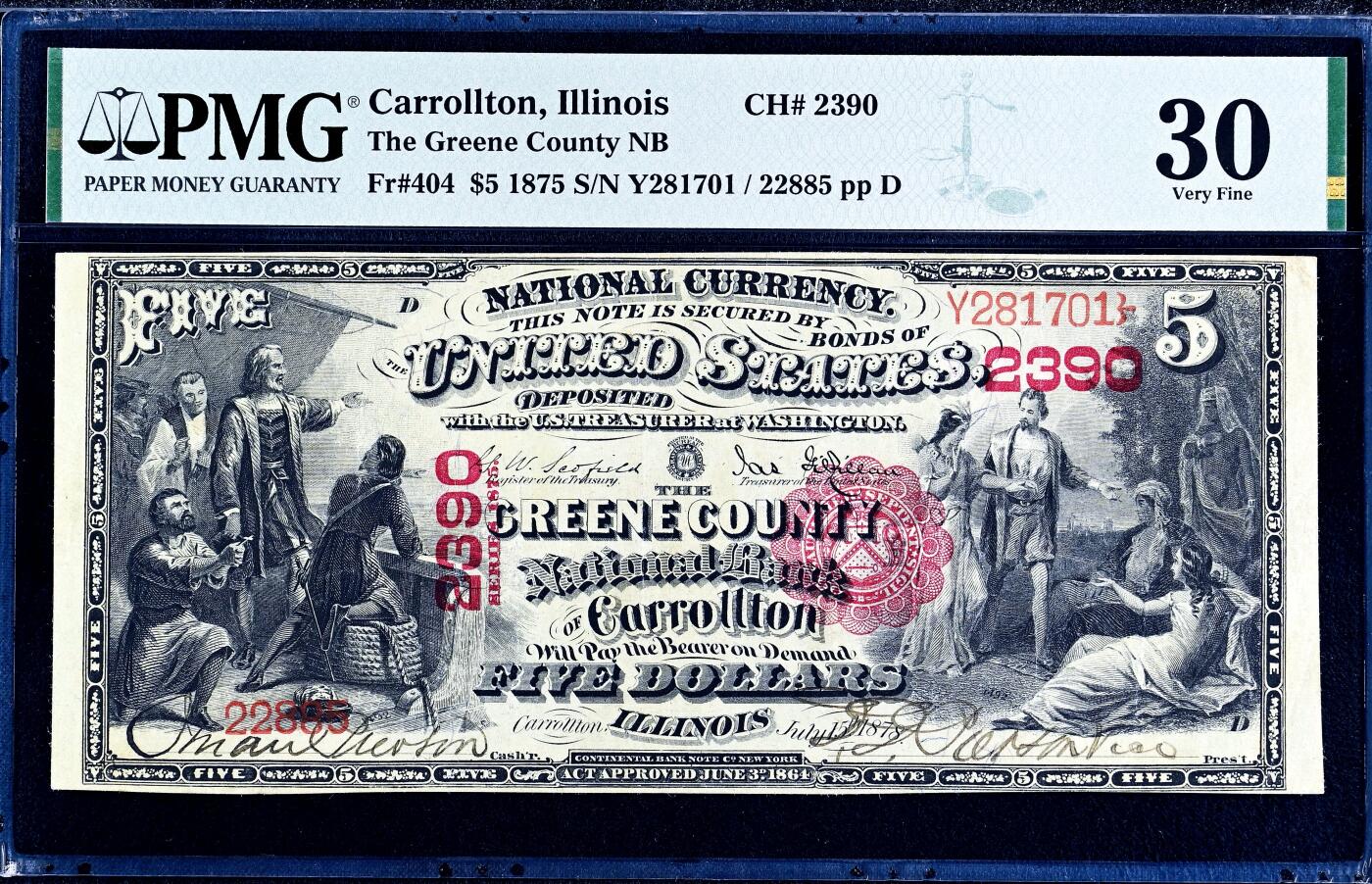 【Blue Auction】世界纸币精拍第758期——18级TOP拍卖/信誉/品质/专业/高效💫 【无47 设计非常精美 手签】美国伊利诺伊州 1875年5美金国民券 正面描绘哥伦布发现新大陆和印第安公主呈现世界两个独立场景 背面是经典油画《哥伦布登陆》 大场景震撼 PMG30 大票幅  无背标整体状态佳 凑套必备的精品