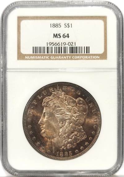 博洋堂世界钱币拍卖第150期（全场包邮） - NGC MS64 美国1885年摩根银币 收藏级彩摩根，正面红褐金、背面淡粉紫，底板很好，光度也很好；