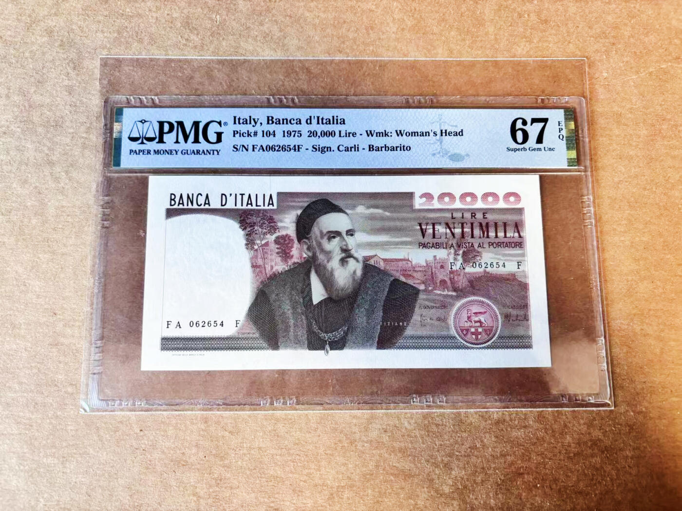 【Blue Auction】世界纸币精拍第758期——18级TOP拍卖/信誉/品质/专业/高效💫 【亚军分】意大利 1975年20000里拉 经典提香 名画 PMG67EPQ 高分