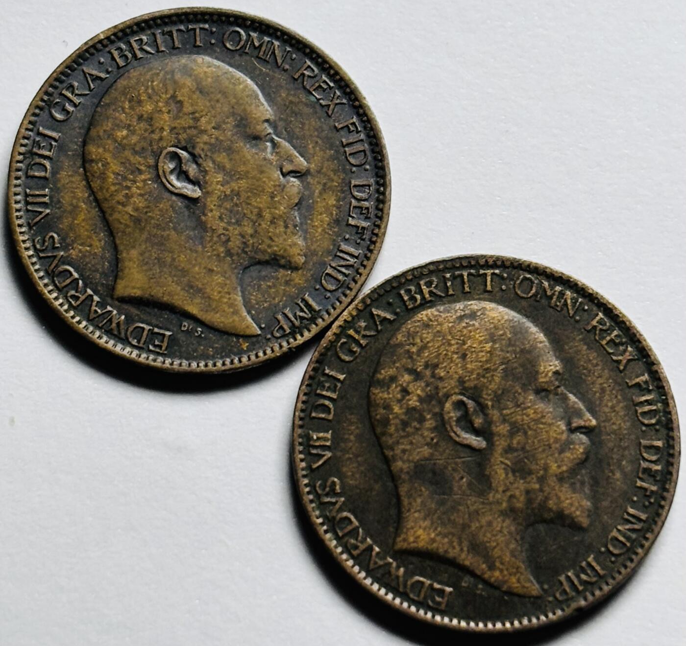 文馨钱币收藏第 283 场，【大雪鉴珍，寒英缀金】金银纪念币精品场，诚邀您的参与【长期接代拍品】 极美品老包浆 1903+1908 年英国爱德华七世法新铜币 2 枚