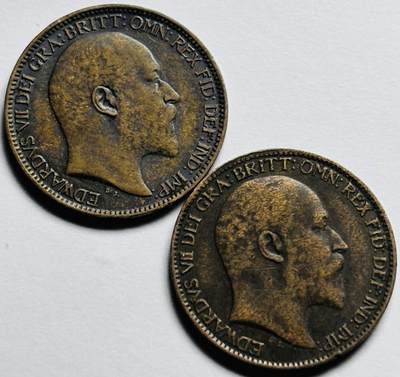 文馨钱币收藏第 283 场，【大雪鉴珍，寒英缀金】金银纪念币精品场，诚邀您的参与【长期接代拍品】 - 极美品老包浆 1903+1908 年英国爱德华七世法新铜币 2 枚