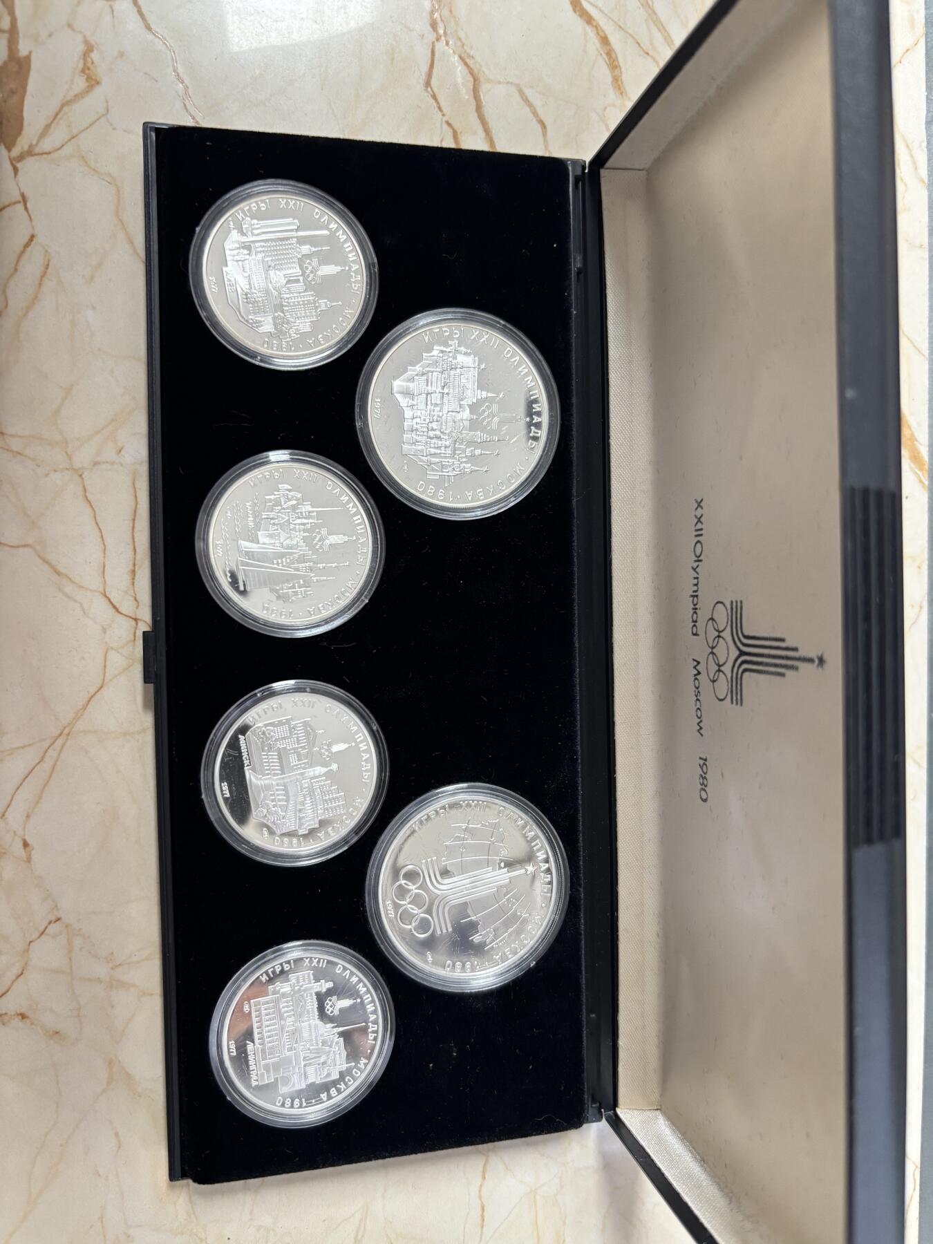 第184期拍卖 苏联1980年莫斯科奥运会纯银纪念银币6枚套带盒，2大4小，总计131.96克银价1692