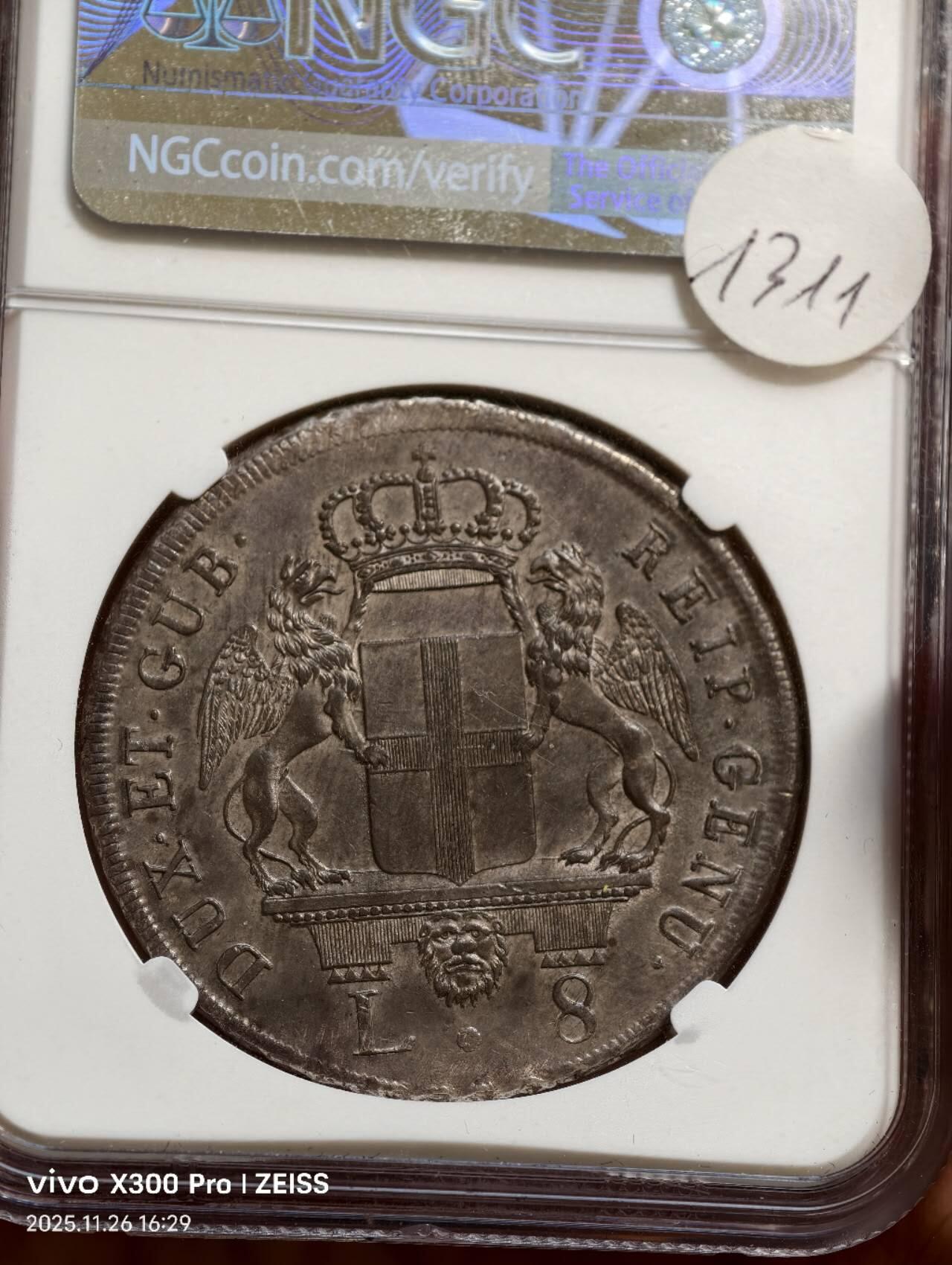 NGC-MS61 1794热那亚共和国施洗约翰8里拉大银币