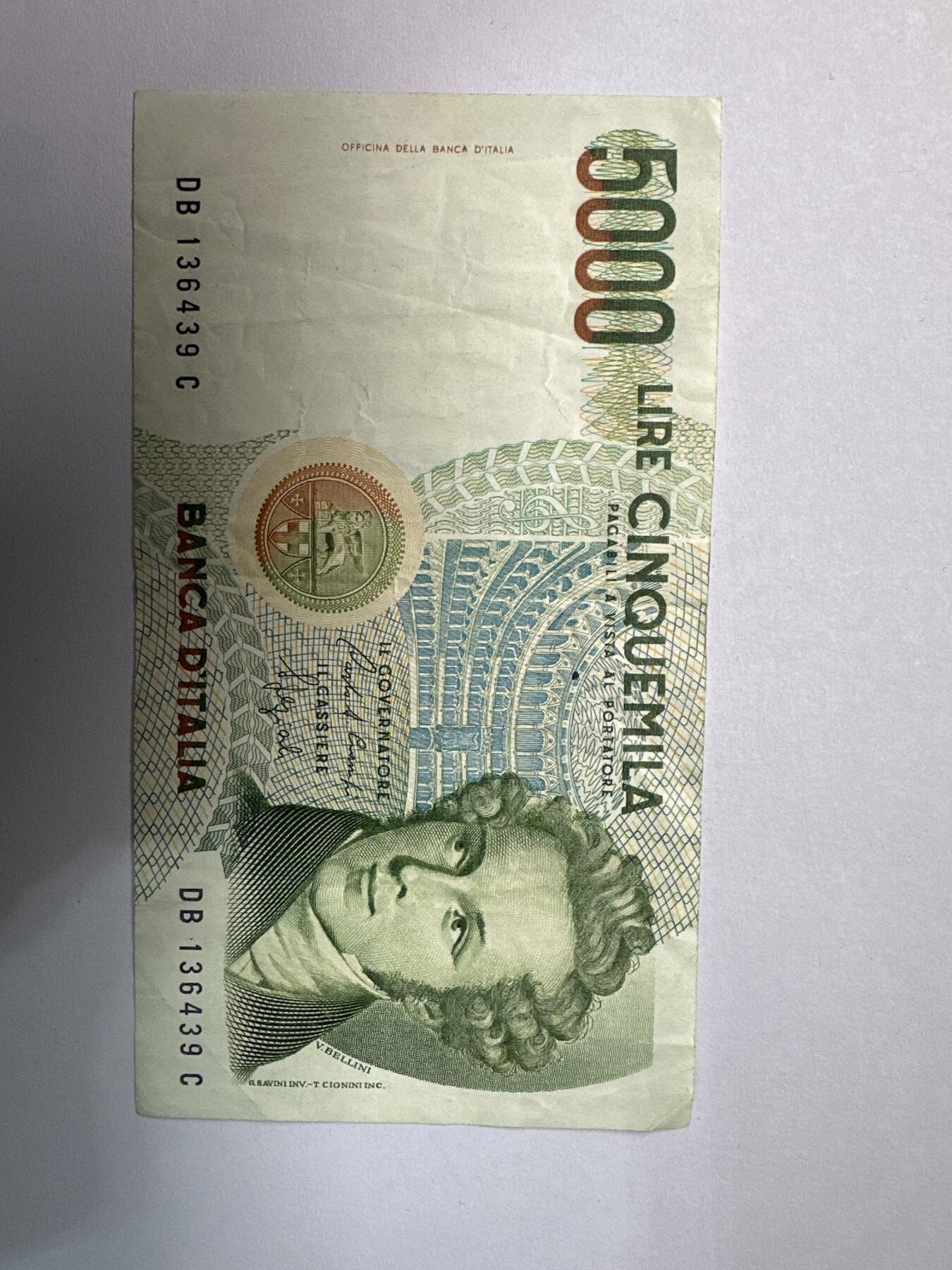 12.5纸币专场 1985年 意大利5000里拉纸币 音乐家贝利尼