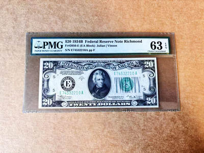 【Blue Auction】世界纸币精拍第758期——18级TOP拍卖/信誉/品质/专业/高效💫 - 美国 1934B 20美金 少见里士满版 PMG63EPQ 老壳