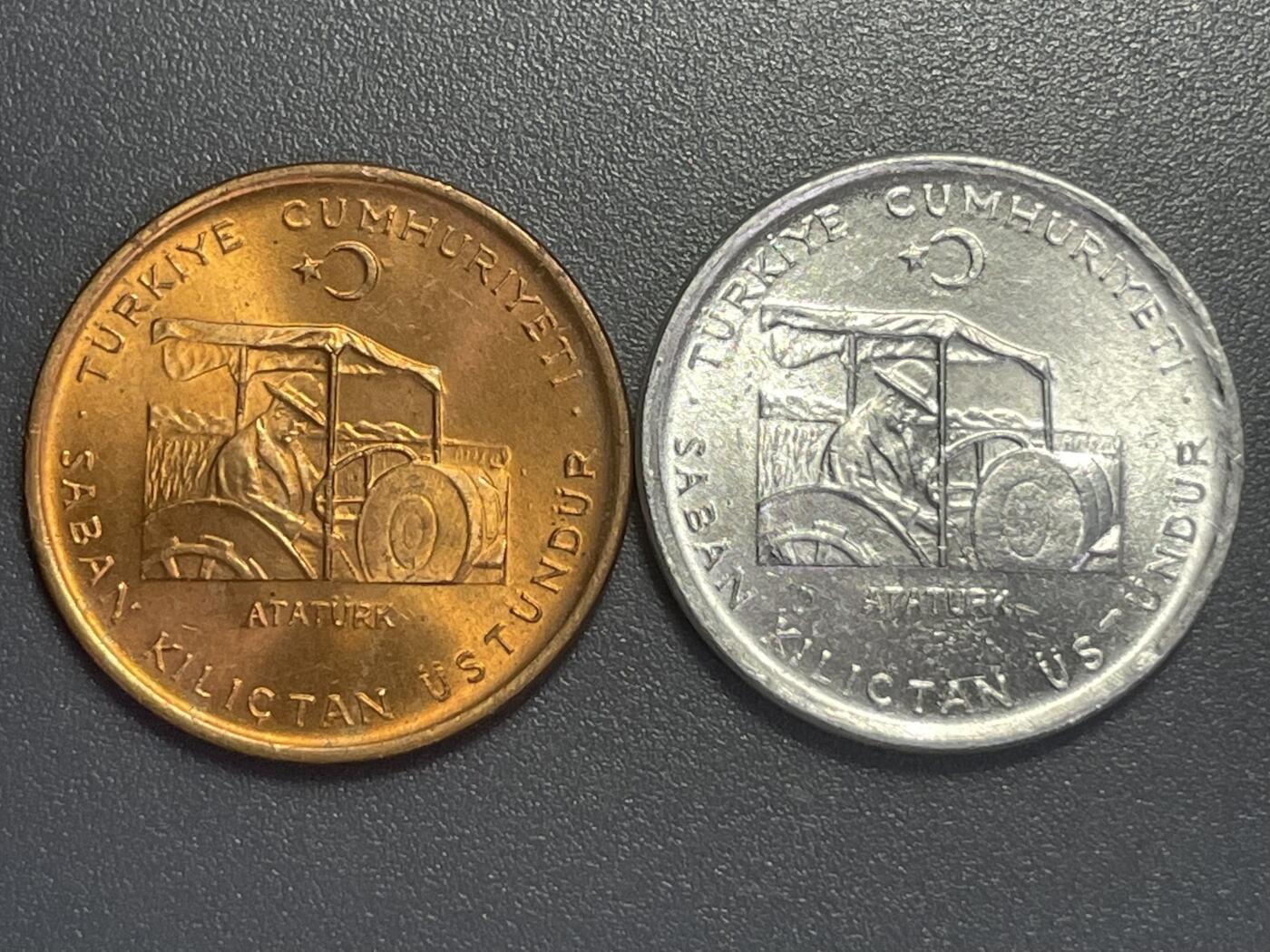 回流1208 全新土耳其70年代FAO纪念币两枚 同面值同图案不同材质 