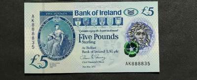【礼羽收藏】🌏世界钱币拍卖第114期 - 北爱尔兰北方银行17年5英镑塑料钞1张绝品，全同8刀内拆出狮子8888头数三靓号无47靓号
