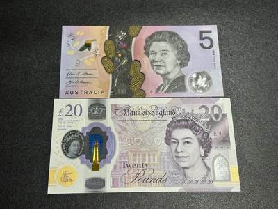 《外钞收藏家》第五百九十一期（畅拍场）（本平台长期征集拍品、欢迎藏友们联系合作） - 澳大利亚5元 无47靓号+英国女王版塑料钞20镑 2张一起 全新UNC