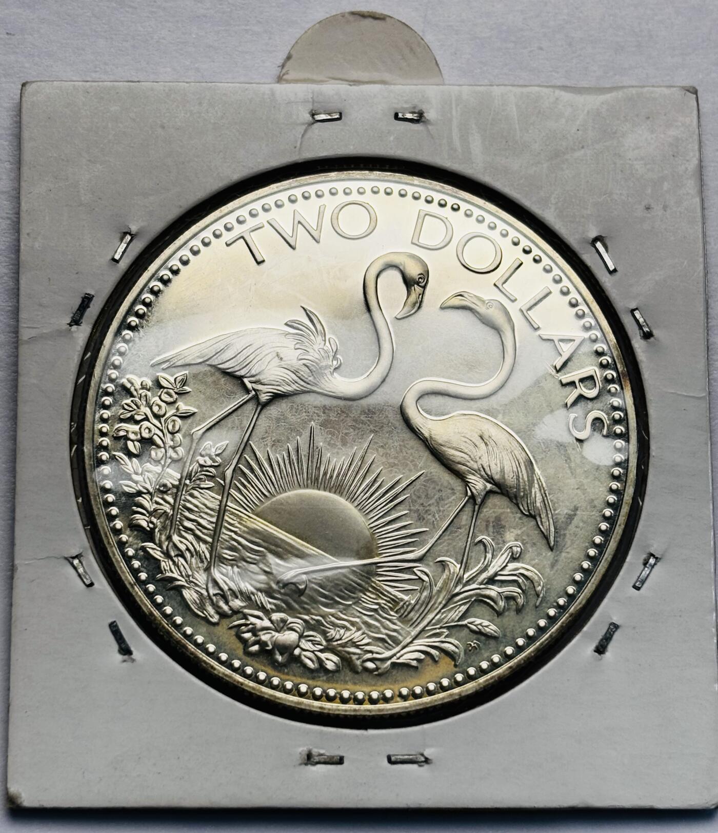 文馨钱币收藏第 283 场，【大雪鉴珍，寒英缀金】金银纪念币精品场，诚邀您的参与【长期接代拍品】 全新 1976 年巴哈马 2 元精制大银币，29.8 克 925 高银，仅发行 24 万枚