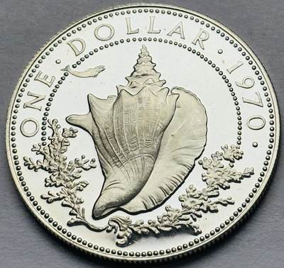 文馨钱币收藏第 283 场，【大雪鉴珍，寒英缀金】金银纪念币精品场，诚邀您的参与【长期接代拍品】 - 原光品相 1970 年巴哈马一元精制银币，少见第一版关门版 18.14 克 800 高银