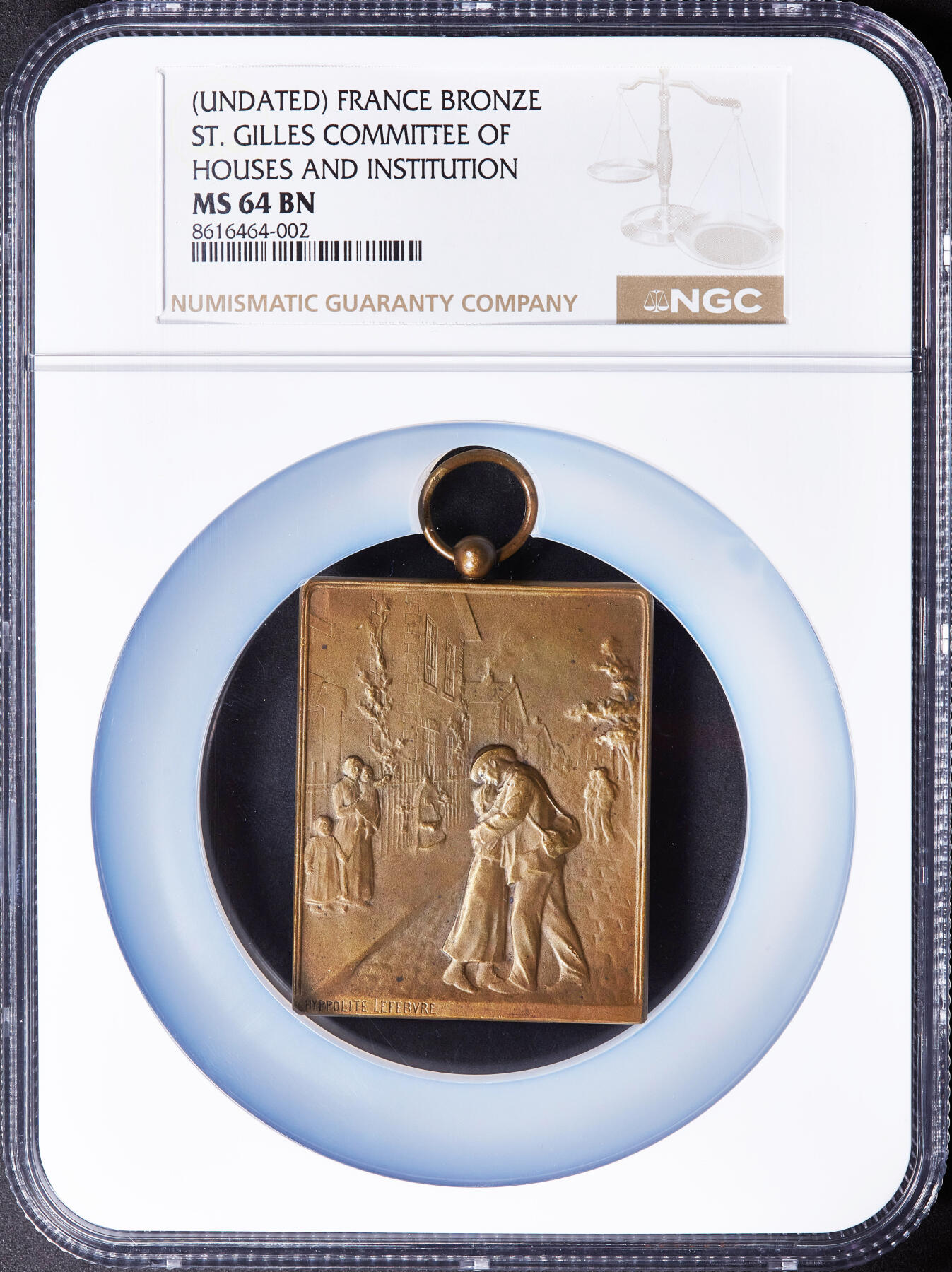 【俄甄集藏】2025年(045)12-03 星期三 晚 19:30 全场包邮 法国19世纪圣吉勒工人住房与户主机构委员会纪念方形大铜章，NGC MS64，尺寸：55mm x 45mm（不含圈挂环），新艺术运动时期风格，简约大气而精美，著名设计师伊波利特·勒菲弗尔作品，顶级品相