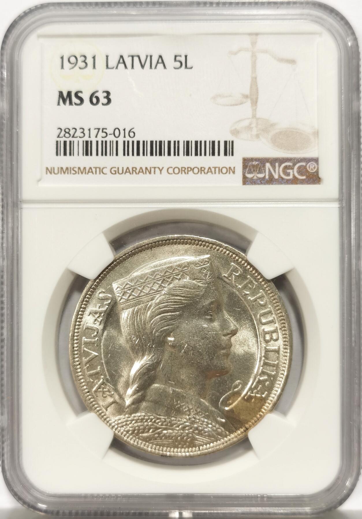 博洋堂世界钱币拍卖第150期（全场包邮） NGC MS63 拉脱维亚1931年5拉特银币 好看的谷物女神，潜力品种，仅发行3个年份，上MS的少，MS65成交价超过30000元；