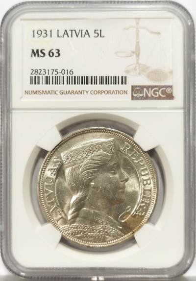 博洋堂世界钱币拍卖第150期（全场包邮） NGC MS63 拉脱维亚1931年5拉特银币 好看的谷物女神，潜力品种，仅发行3个年份，上MS的少，MS65成交价超过30000元；