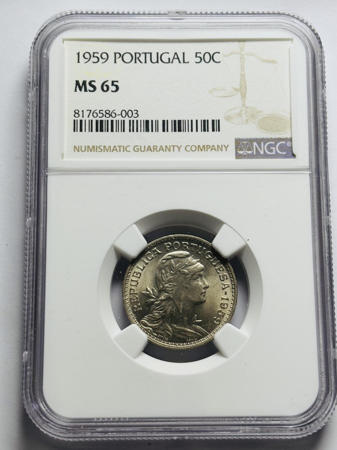 文馨钱币收藏第 283 场，【大雪鉴珍，寒英缀金】金银纪念币精品场，诚邀您的参与【长期接代拍品】 1959 年葡萄牙女神 50 分 NGC 评级 MS65 分