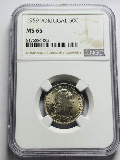 文馨钱币收藏第 283 场，【大雪鉴珍，寒英缀金】金银纪念币精品场，诚邀您的参与【长期接代拍品】 - 1959 年葡萄牙女神 50 分 NGC 评级 MS65 分