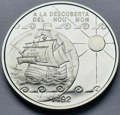 文馨钱币收藏第 283 场，【大雪鉴珍，寒英缀金】金银纪念币精品场，诚邀您的参与【长期接代拍品】 - 少见全新 1992 年安道尔 10 第纳尔美国发现 500 周年大银币，31.10 克 925 高银，独年份