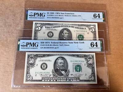 【Blue Auction】世界纸币精拍第758期——18级TOP拍卖/信誉/品质/专业/高效💫 - 【一组2张】美国 1974-95年5-50美金 PMG64