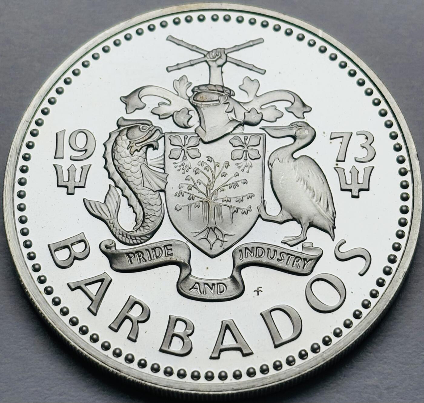 文馨钱币收藏第 283 场，【大雪鉴珍，寒英缀金】金银纪念币精品场，诚邀您的参与【长期接代拍品】 原光 1973 年巴巴多斯 5 元精制大银币，首发版，31.1 克 800 高银