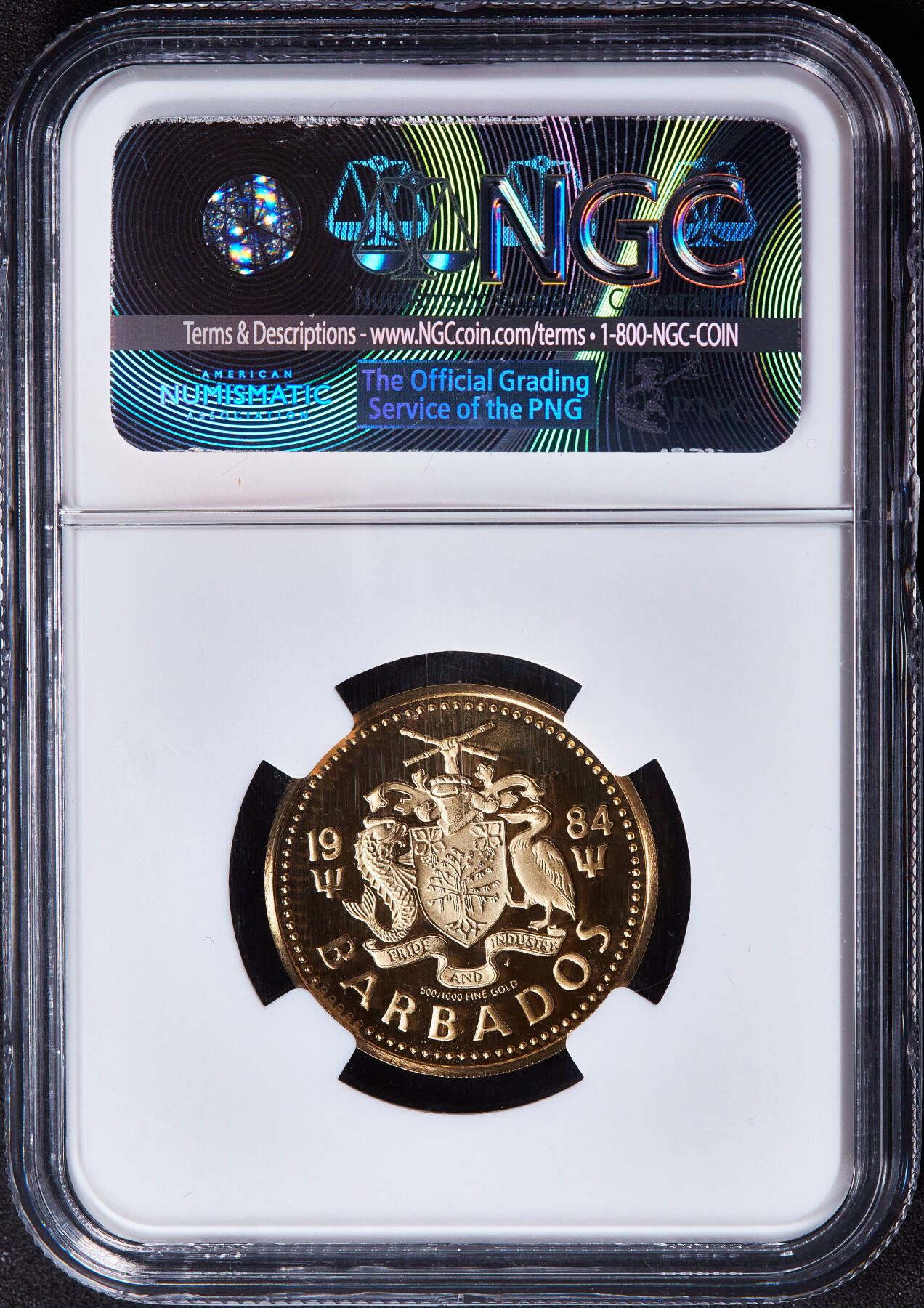 【俄甄集藏】2025年(045)12-03 星期三 晚 19:30 全场包邮 巴巴多斯1984年海神之子100元精制金币，NGC PF70UC，满分难得，重6.21克，50%金，发行量1103枚，富兰克林造币厂出品，稀有品种