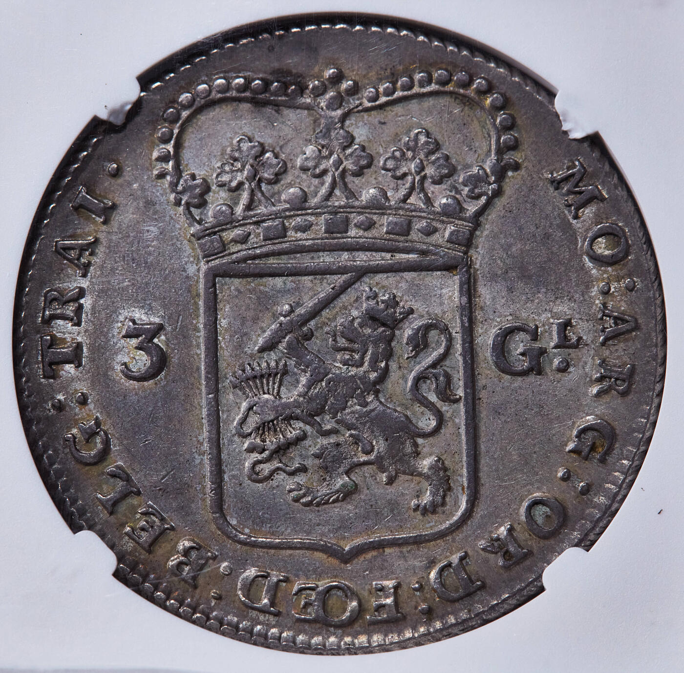 【俄甄集藏】2025年(045)12-03 星期三 晚 19:30 全场包邮 荷兰乌得勒支1786年站人3盾大银币，NGC AU58，打制周正，无弱打，黄油五彩原味包浆，疑似低评