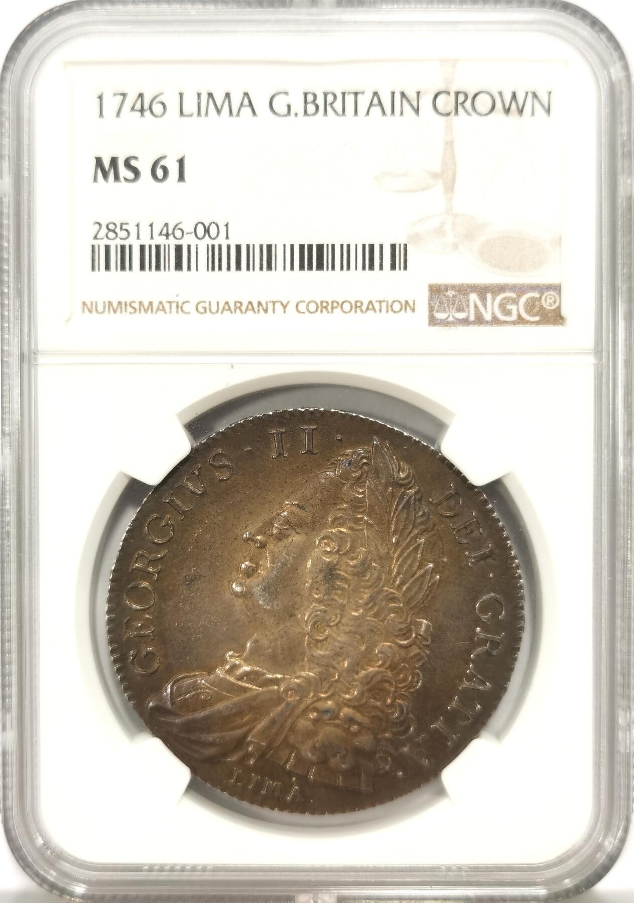 博洋堂世界钱币拍卖第150期（全场包邮） NGC MS61 英国1746年乔治二世LIMA克朗银币 名誉品克朗，材料来自130万枚8里亚尔银币，彩和状态都很好，味道十足；