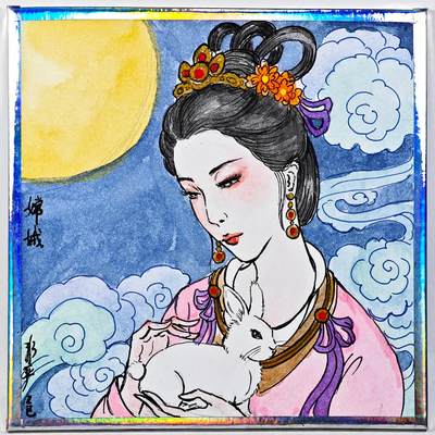 白泽拍卖卡牌手绘专场第29期（忽有故人心上过，回首山河已是秋） - 2025 非严手绘色纸 嫦娥 尺寸：10cm*10cm  非严签绘 大展宏兔