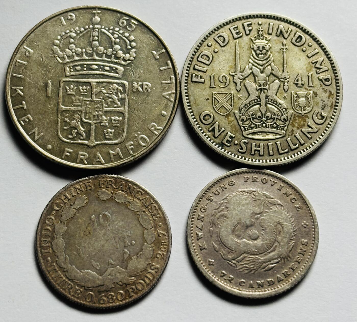 文馨钱币收藏第 283 场，【大雪鉴珍，寒英缀金】金银纪念币精品场，诚邀您的参与【长期接代拍品】 瑞典 1 克朗银币，英国 1 先令银币，法属坐洋 10 分银币，光绪元宝小龙毫银币 4 枚