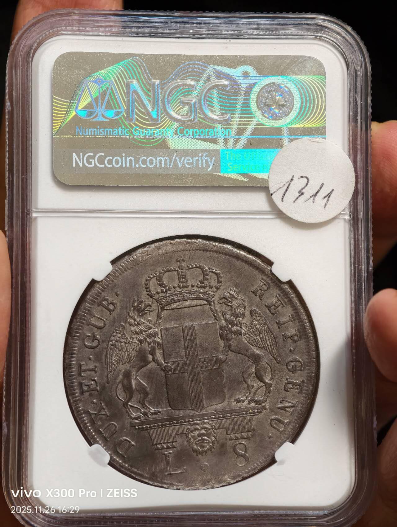 NGC-MS61 1794热那亚共和国施洗约翰8里拉大银币