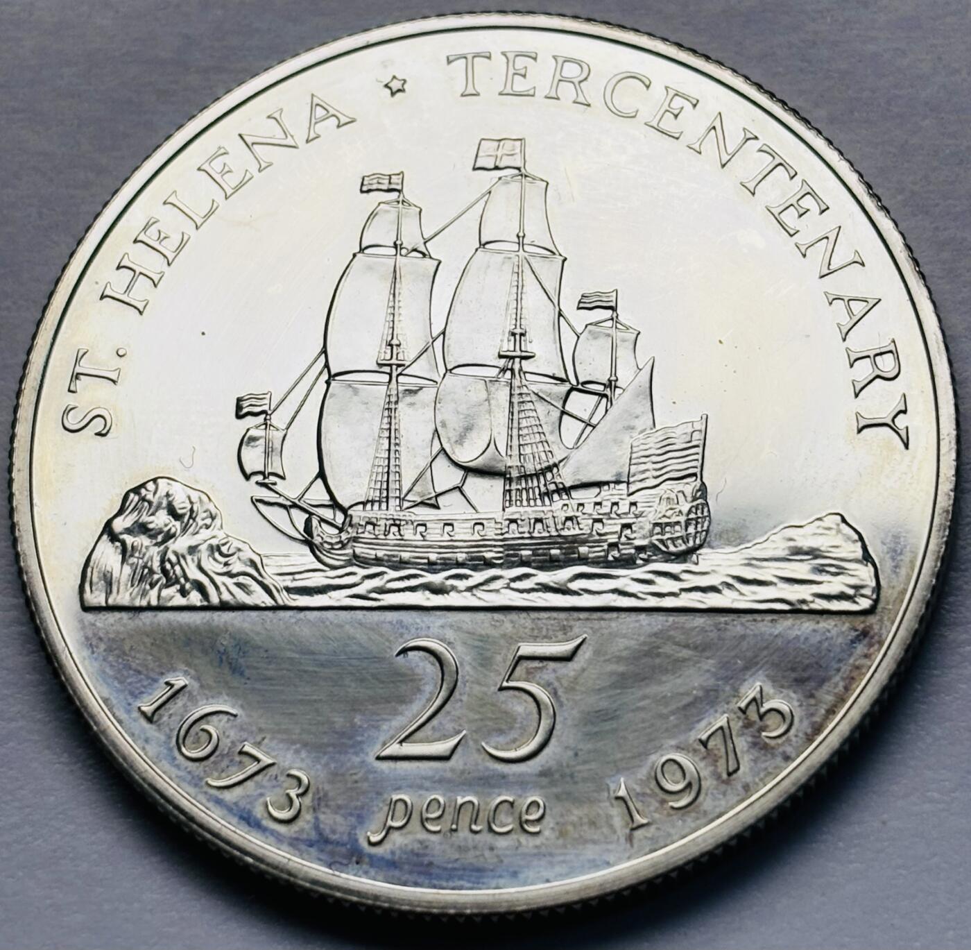 文馨钱币收藏第 283 场，【大雪鉴珍，寒英缀金】金银纪念币精品场，诚邀您的参与【长期接代拍品】 全新圣赫勒拿1973年发现300周年25便士精制大银币 28.28 克 925 高银