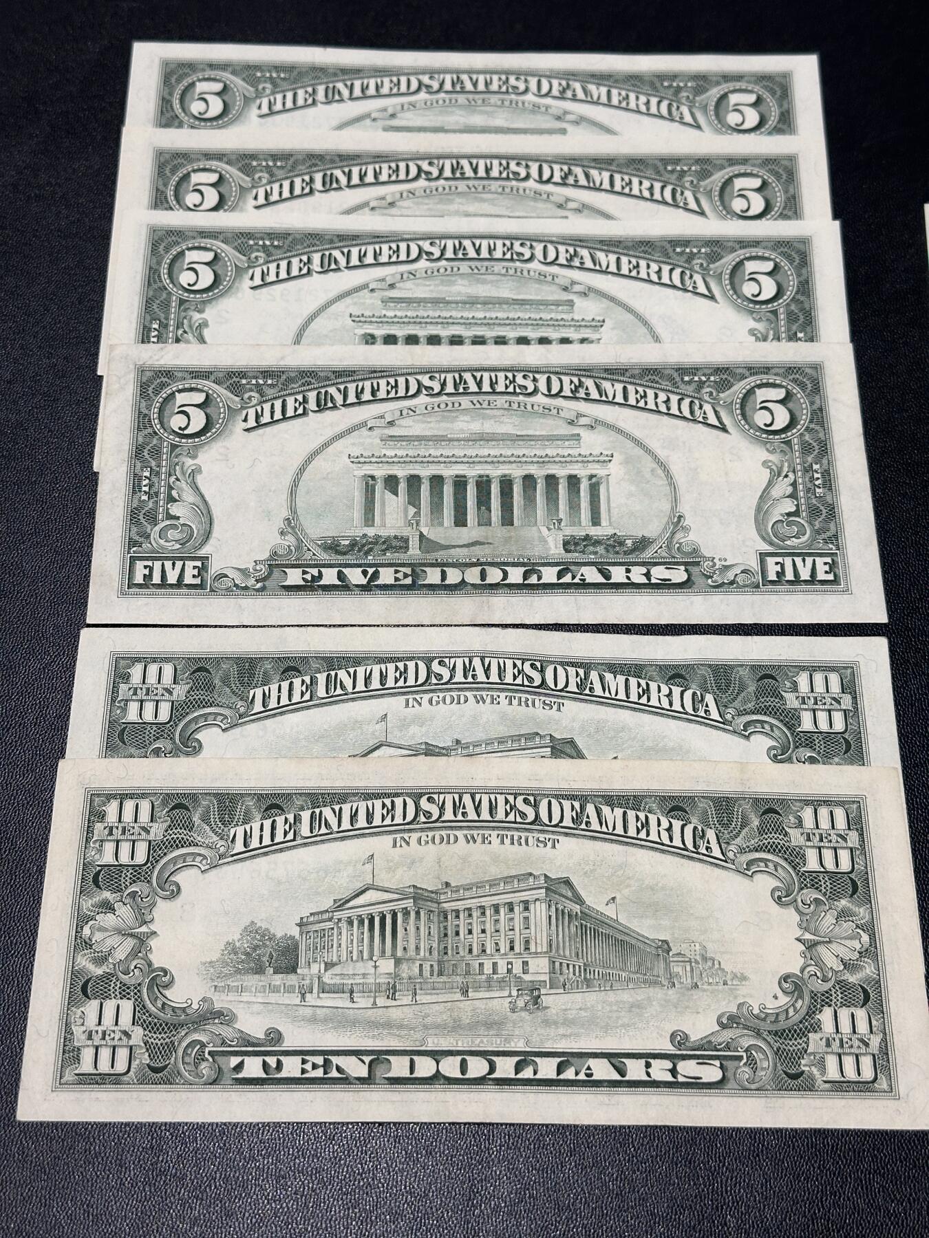 《外钞收藏家》第五百九十一期（畅拍场）（本平台长期征集拍品、欢迎藏友们联系合作） 美国小头版5和10美元 5张一起 非全新 品相如图 一张是补号