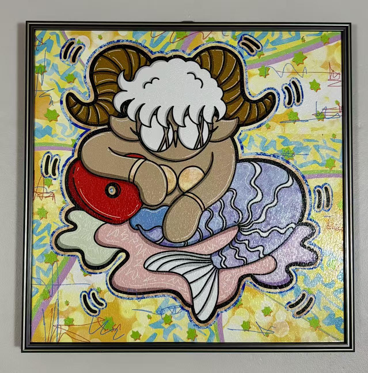 零元拍：歪歪 OWSON 系列作品装饰肌理画《十二星座-摩羯座》，相框尺寸35/35CM。因展品出展，镜框可能有轻微划痕，介意勿拍