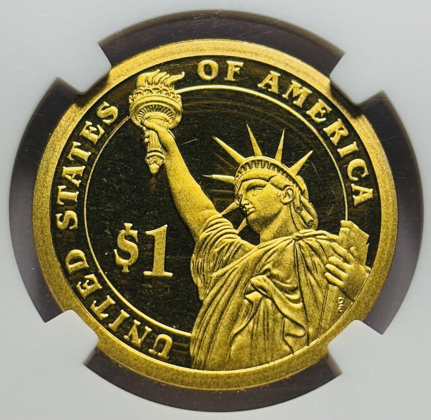 文馨钱币收藏第 283 场，【大雪鉴珍，寒英缀金】金银纪念币精品场，诚邀您的参与【长期接代拍品】 2011 年美国总统詹姆斯加菲尔德 1 美元精制币 NGC 评级 PF67 分