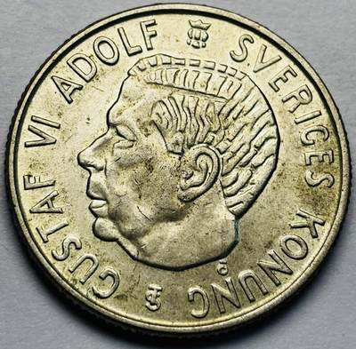 文馨钱币收藏第 283 场，【大雪鉴珍，寒英缀金】金银纪念币精品场，诚邀您的参与【长期接代拍品】 - 好品 1958 年瑞典古斯塔夫六世 2 克朗银币 14 克，400 银