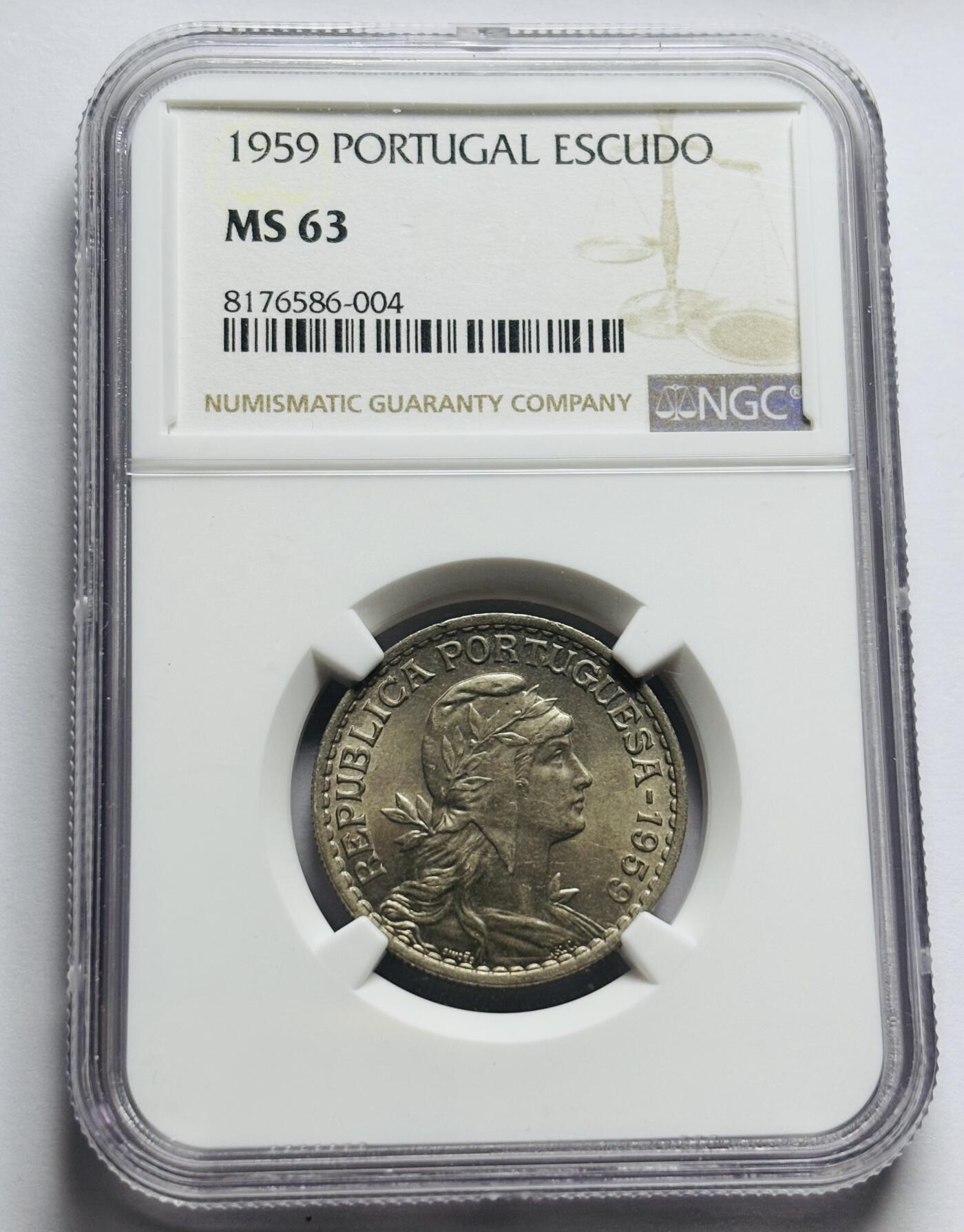 文馨钱币收藏第 283 场，【大雪鉴珍，寒英缀金】金银纪念币精品场，诚邀您的参与【长期接代拍品】 1959 年葡萄牙女神 1 埃斯库多 NGC 评级 MS63 分