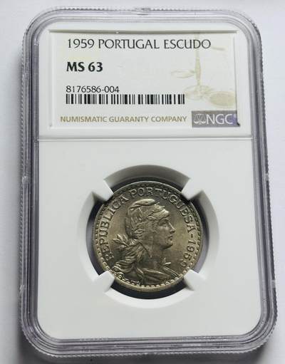 文馨钱币收藏第 283 场，【大雪鉴珍，寒英缀金】金银纪念币精品场，诚邀您的参与【长期接代拍品】 - 1959 年葡萄牙女神 1 埃斯库多 NGC 评级 MS63 分