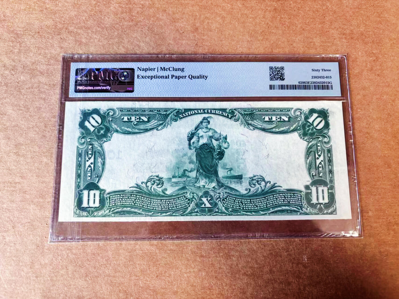 【Blue Auction】世界纸币精拍第758期——18级TOP拍卖/信誉/品质/专业/高效💫   【冠军分仅1张65分 少见fr】美国 爱荷华州苏城 1902年10美金 正面人物为美国第25任总统威廉·麦金莱（也是500美金上的人物）背面女神&蒸汽船&军舰 象征工业化革命 PMG63EPQ 全新原票 大票幅雕刻精美