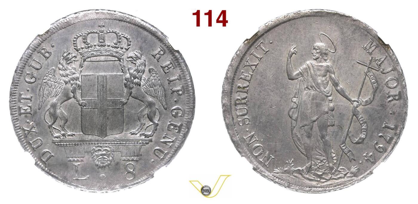 NGC-MS61 1794热那亚共和国施洗约翰8里拉大银币