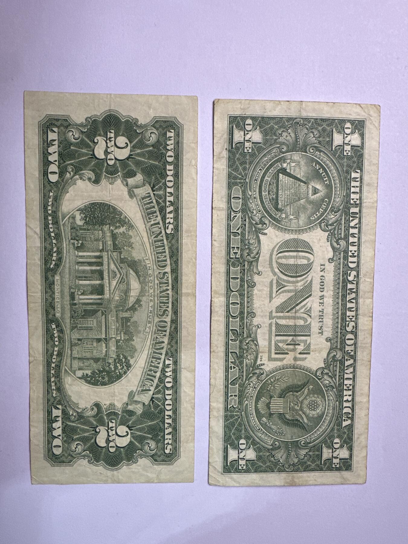 12.5纸币专场 美国早期美元纸币2张 1963年红印2美元AA冠无47