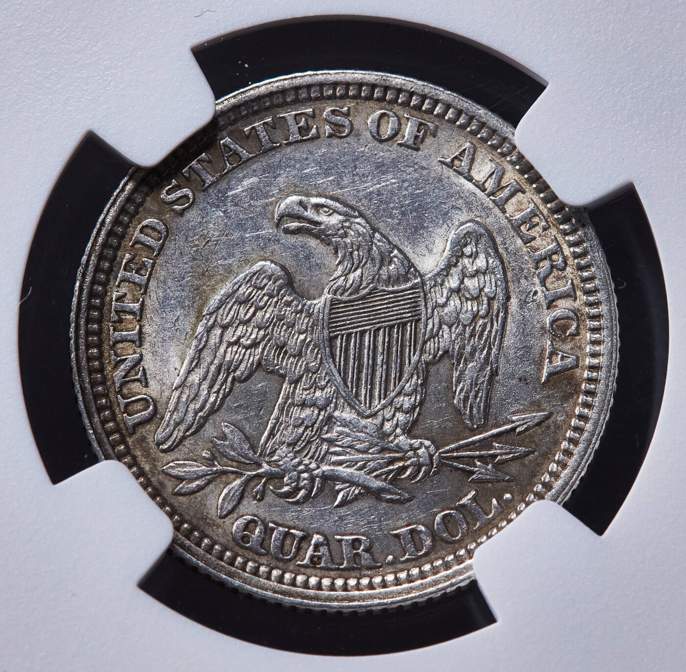 【俄甄集藏】2025年(045)12-03 星期三 晚 19:30 全场包邮 美国1861年拿旗25美分银币，NGC AUD，原味黄油环彩老包浆，原光品相，疑似错杀，经典品种