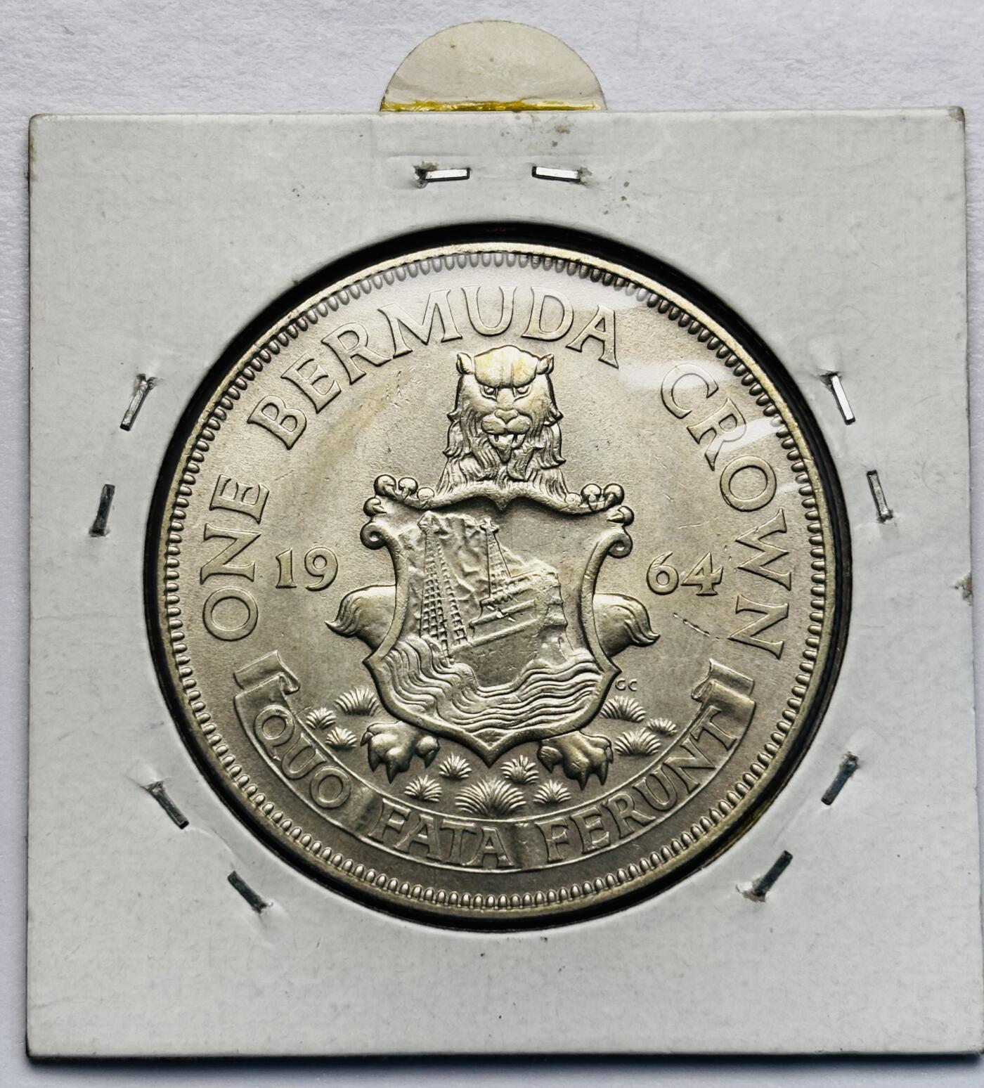 文馨钱币收藏第 283 场，【大雪鉴珍，寒英缀金】金银纪念币精品场，诚邀您的参与【长期接代拍品】 原光品相 1964 年英属百慕大 1 克朗大银币 第二版独年份 22.7 克 500 银，仅发行 50 万枚