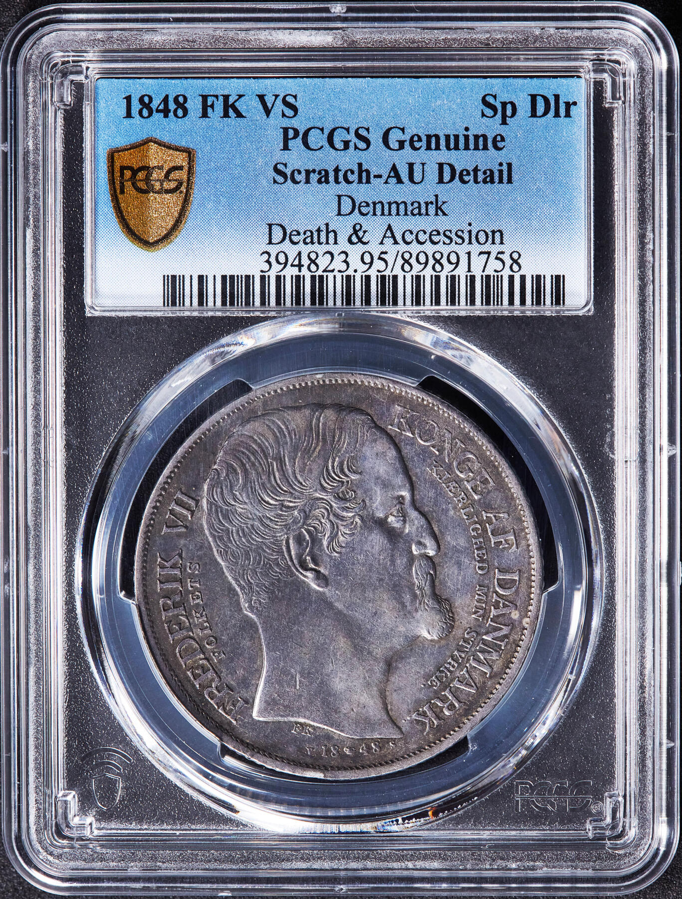 【俄甄集藏】2025年(045)12-03 星期三 晚 19:30 全场包邮 丹麦1848年纪念克里斯蒂安八世逝世-弗雷德里克七世即位双帝头像1斯比西达勒大银币，PCGS AUD，原味酱彩老包浆，细节犀利，名誉品种，发行量47000枚