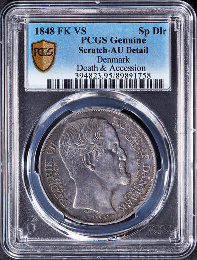 【俄甄集藏】2025年(045)12-03 星期三 晚 19:30 全场包邮 - 丹麦1848年纪念克里斯蒂安八世逝世-弗雷德里克七世即位双帝头像1斯比西达勒大银币，PCGS AUD，原味酱彩老包浆，细节犀利，名誉品种，发行量47000枚