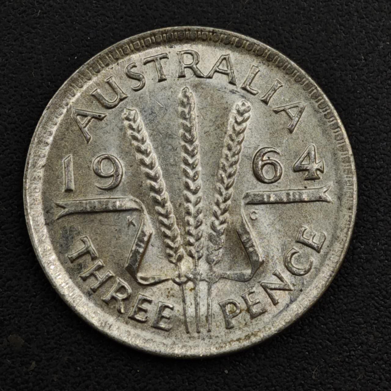 【淘币小摊】实时拍第八百一十七拍   散币场   满百包邮可预留二周 每周一统一发货   澳大利亚1964年伊丽莎白二世3便士银币