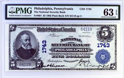 【Blue Auction】世界纸币精拍第758期——18级TOP拍卖/信誉/品质/专业/高效💫 -   【手签字迹清晰】美国 宾夕法尼亚州 1902年5美金 背面经典油画《Landing of the Pilgrims》（朝圣者登陆）设计精美 美国第23任美国总统本杰明·哈里森 大胡子雕刻佳 PMG63EPQ 全新原票（同fr.601同银行同分连号的一张今年拍了840美金）